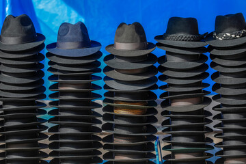 Hat shop at the weekly market in the center of Riobamba, Ecuador