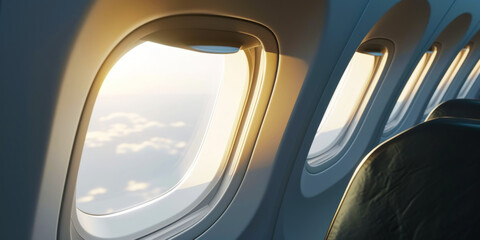 Close-up of a group of airplane windows against a sky of clouds. Airplane cabin. Generative AI