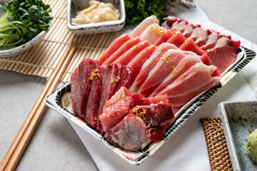 Tuna sashimi, raw fish, fish, vegetables, radish sprouts