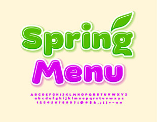 Vector bright flyer Spring Menu. Modern Creative Font. Artistic 3D Alphabet Letters and Numbers set.