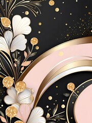 The image displays an abstract design with curved lines in gold, pink, and black, embellished with sparkling details and golden circles against a dark background.