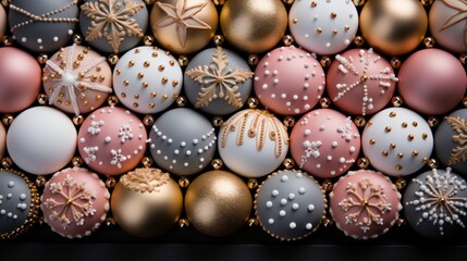 Background made of glamour handmade Christmas cookies with festive glazed decoration. Top view....