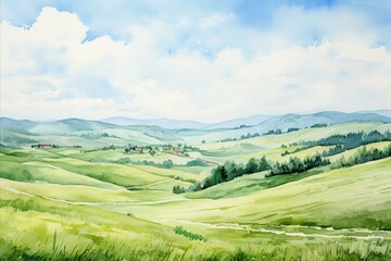 Peaceful and lush green hills stretch across this tranquil watercolor landscape, evoking the essence of pastoral serenity