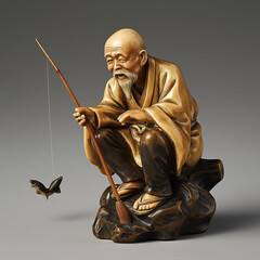 Obraz premium 根付。釣りをする老人。えびす様。象牙。彫刻