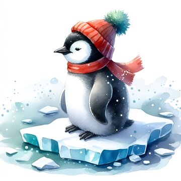 Watercolor paint cute penguin on an ice floe for winter card decor