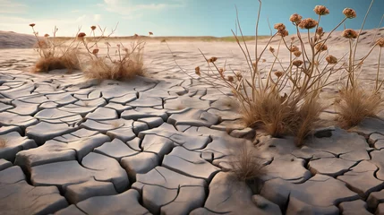 Deurstickers 干ばつの土地と植物。枯草、ひび割れ、地球温暖化 © tsuyoi_usagi