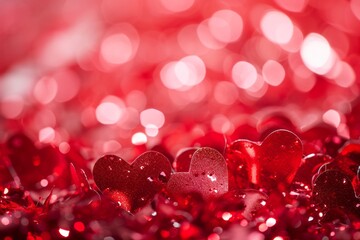 Festive background with infinite number of red hearts. St Valentine's Day, love and passion concept. Shallow depth of field. Holiday banner or card mockup.