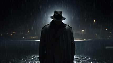 Noir style male detective coat hat rain night street