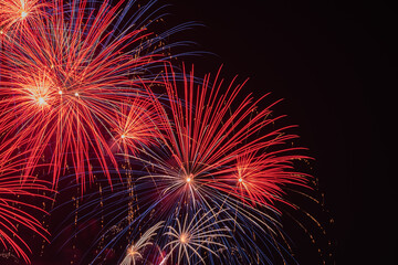 New Year Fireworks 2024 in Waikiki, Honolulu, Oahu, Hawaii.  Fireworks are low explosive pyrotechnic devices used for aesthetic and entertainment purposes. 