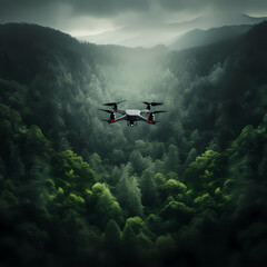 Fototapeta na wymiar A drone flying over a lush forest capturing aerial views.