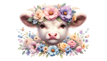 Fototapeta na wymiar A watercolor of a ox with a beautiful flower crown for the Chinese zodiac year.