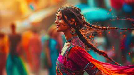 Energetic cool Indian woman in traditional saree dancing on the street. Generative AI - obrazy, fototapety, plakaty