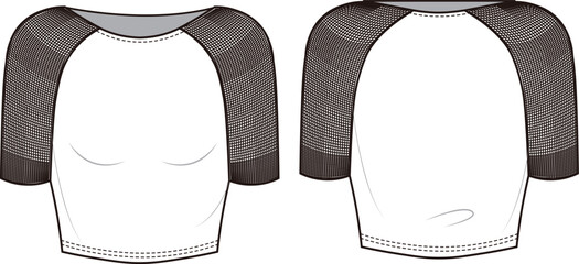 Girl sports bra fashion flat sketch template. Women's sportswear with mesh crop top technical fashion illustration. - obrazy, fototapety, plakaty
