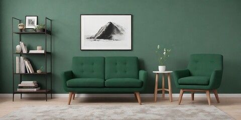 Green living room with armchair and mockup frames.