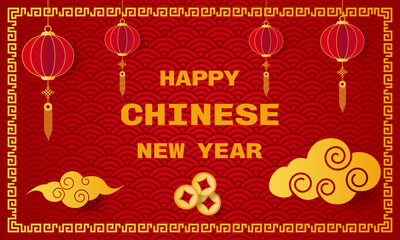 Vector illustration for a Happy Chinese New Year background with cloud, Chinese coin and Chinese lantern elements, copy space with a design concept.