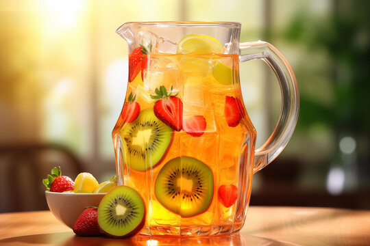 Jarra de vidrio con zumo y trozos de fruta
