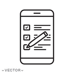 survey list in mobile phone, online vote icon, checklist form, quiz, thin line symbol on white background, editable stroke eps 10 vector illustration