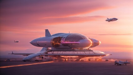 Fototapeta na wymiar Dawn Departure from the Aerial Spaceport: A futuristic aerial spaceport with aircraft departing into the early morning sky. generative ai