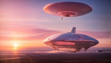 Dawn Departure from the Aerial Spaceport: A futuristic aerial spaceport with aircraft departing into the early morning sky. generative ai