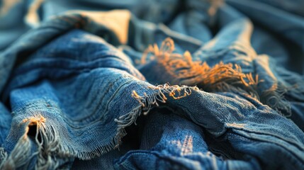 Faded denim fabric texture with worn threads and blue hues. - obrazy, fototapety, plakaty