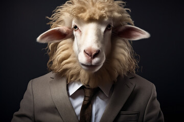 Sheep wearing suit and tie with long hair.