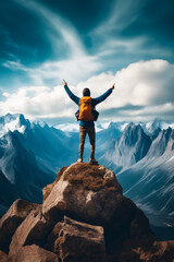 Man standing on top of mountain with his arms outstretched.
