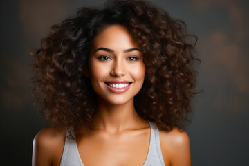 Woman with smile on her face and curly hair.