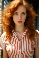 Woman with red hair and striped shirt on.