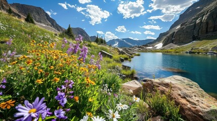Rocky mountain pass with a clear blue lake and alpine wildflowers.