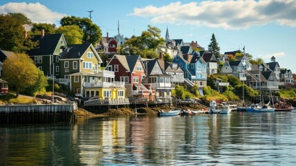 Fototapeta premium Quaint coastal village with colorful houses and a bustling harbor.