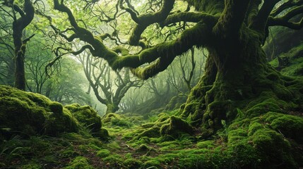 Enchanted forest with moss-covered trees and a magical, fairy-tale atmosphere.