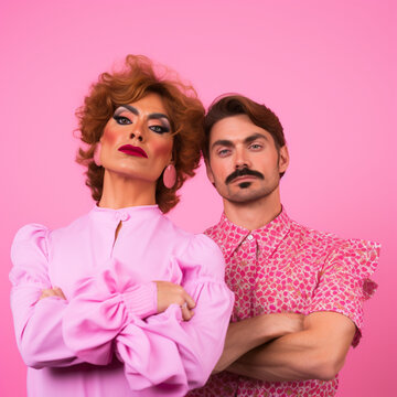 Drag Queen friends on a pink background.