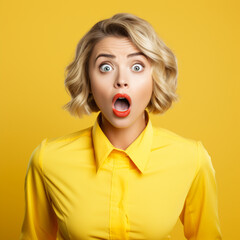Surprised businesswoman on a yellow background.