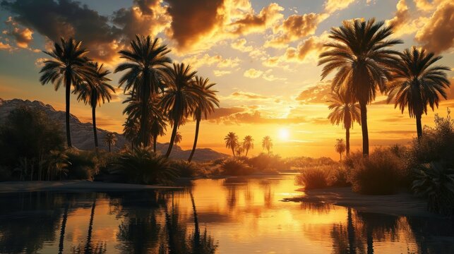 Desert oasis with palm trees, a serene pond, and a vibrant sunset.