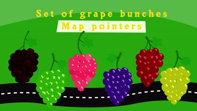 Animated map pointers in the form of cartoon grapes of different colors. Ready-to-use elements on a transparent background.