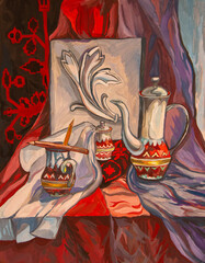 still life with a jug in red tones
