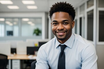 Fototapeta premium Portrait of a black businessman against blurred office with copy space.