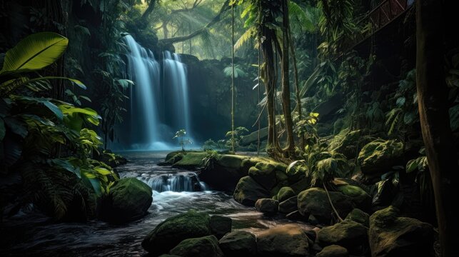 In midday, a tropical forest with a waterfall