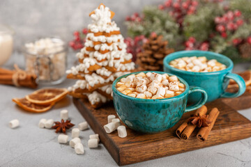 Hot drink with marshmallows and candy cane in cup on texture table.Cozy seasonal holidays.Hot cocoa with gingerbread Christmas cookies.Hot chocolate with marshmallow and spices.Copy space.
