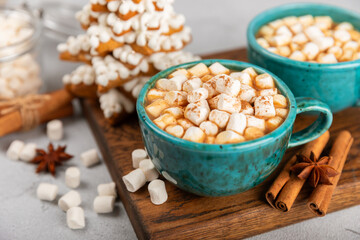 Hot drink with marshmallows and candy cane in cup on texture table.Cozy seasonal holidays.Hot cocoa with gingerbread Christmas cookies.Hot chocolate with marshmallow and spices.Copy space.