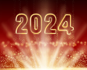 Banner Happy New Year 2024 shining light sparkles, red background
