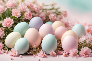 Fototapeta na wymiar Colorful pastel eggs, card, background for Easter. Delicate Easter background, spring concept. Easter eggs and delicate pink flowers are laid out on a pastel background.
