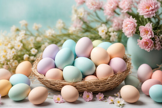 Colored Easter eggs in a basket and delicate pink flowers are laid out on a pastel background. Colorful pastel eggs, card, background for Easter.