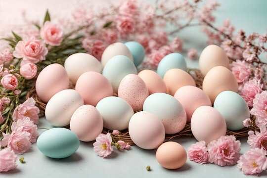 Delicate Easter background, spring concept. Colorful pastel eggs, card, background for Easter. Easter eggs and delicate pink flowers are laid out on a pastel background.