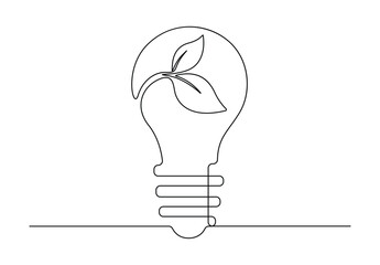 Continuous single line drawing of clean light bulb with green leaf organic plant inside logo icon. Isolated on white background vector illustration. Pro vector. 