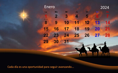 Calendario, enero, 2024, mes, días, Reyes Magos, atardecer, estrella - obrazy, fototapety, plakaty