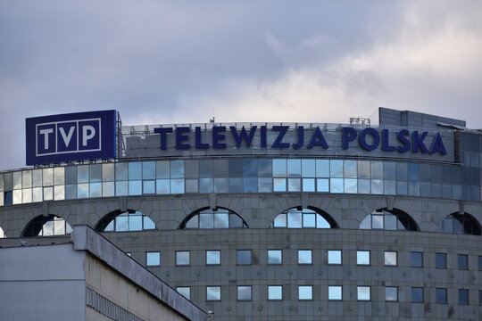 TVP Telewizja Polska (Polish Television) building with logo, signage, emblem on the facade. WARSAW, POLAND - DECEMBER 30, 2023