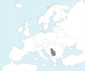 Gray CMYK national map of SERBIA inside detailed white blank political map of European continent on blue background using Mollweide projection