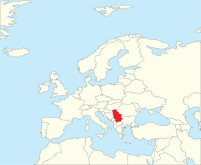 Fototapeta premium Red CMYK national map of SERBIA inside simplified beige blank political map of European continent on blue background using Winkel Tripel projection
