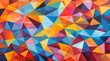 Obraz premium A dynamic array of geometric triangles in a kaleidoscope of colors, creating a vibrant and energetic abstract mosaic Ai Generative